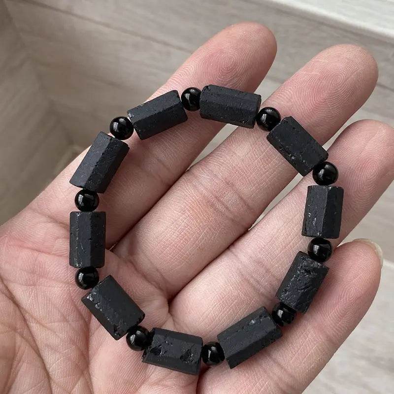 Black Tourmaline Bracelet - Handmade Natural Stone 5 pc Black Tourmaline - Adjustable Black String - Men's Women's Jewelry - Elegancezakoty