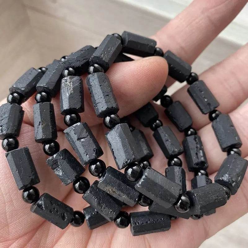 Black Tourmaline Bracelet - Handmade Natural Stone 5 pc Black Tourmaline - Adjustable Black String - Men's Women's Jewelry - Elegancezakoty