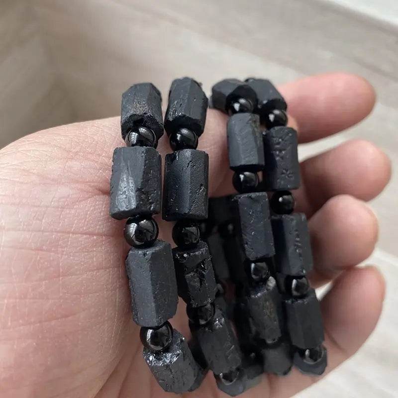 Black Tourmaline Bracelet - Handmade Natural Stone 5 pc Black Tourmaline - Adjustable Black String - Men's Women's Jewelry - Elegancezakoty