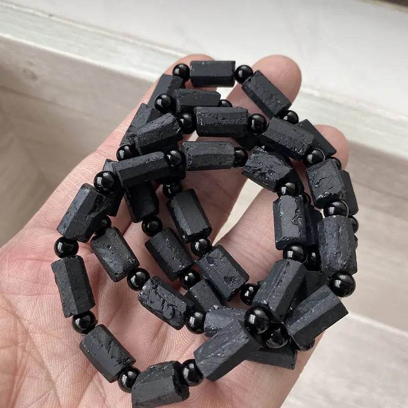 Black Tourmaline Bracelet - Handmade Natural Stone 5 pc Black Tourmaline - Adjustable Black String - Men's Women's Jewelry - Elegancezakoty