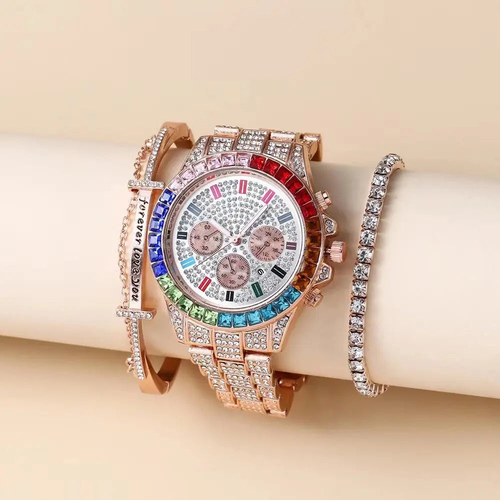 Fake Three-Eye Diamond Colorful Crystals Steel Belt Bracelet Bracelet Three-piece Set null