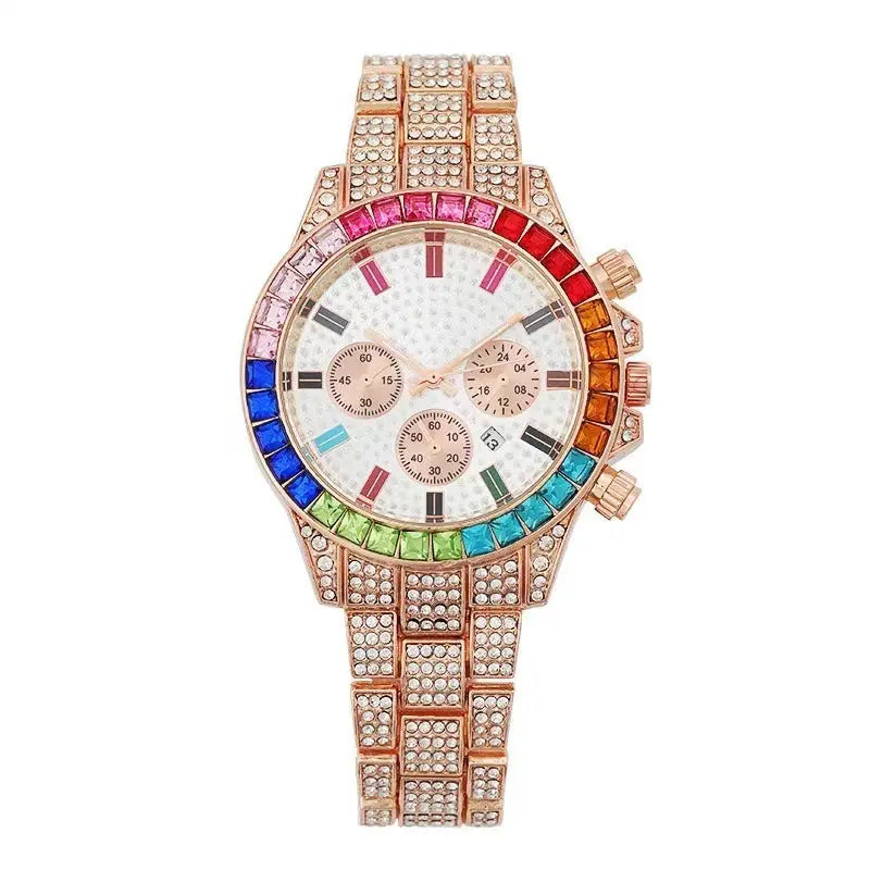 Fake Three-Eye Diamond Colorful Crystals Steel Belt Bracelet Bracelet Three-piece Set null