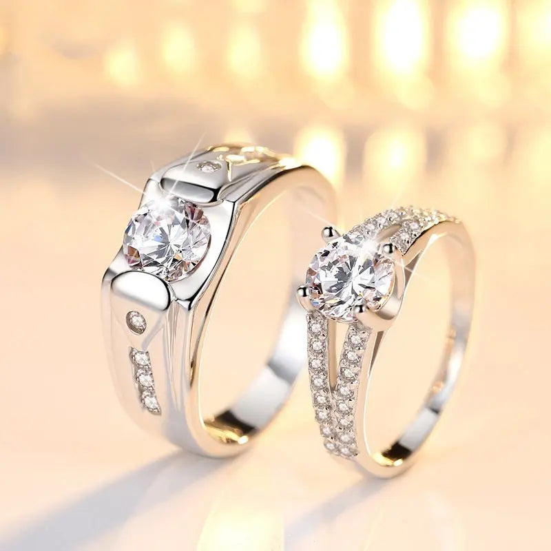 Diamond Romantic Couple Rings Men's Silver Plated Pair Rings null