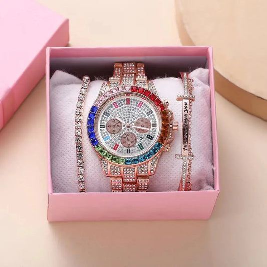 Fake Three-Eye Diamond Colorful Crystals Steel Belt Bracelet Bracelet Three-piece Set null
