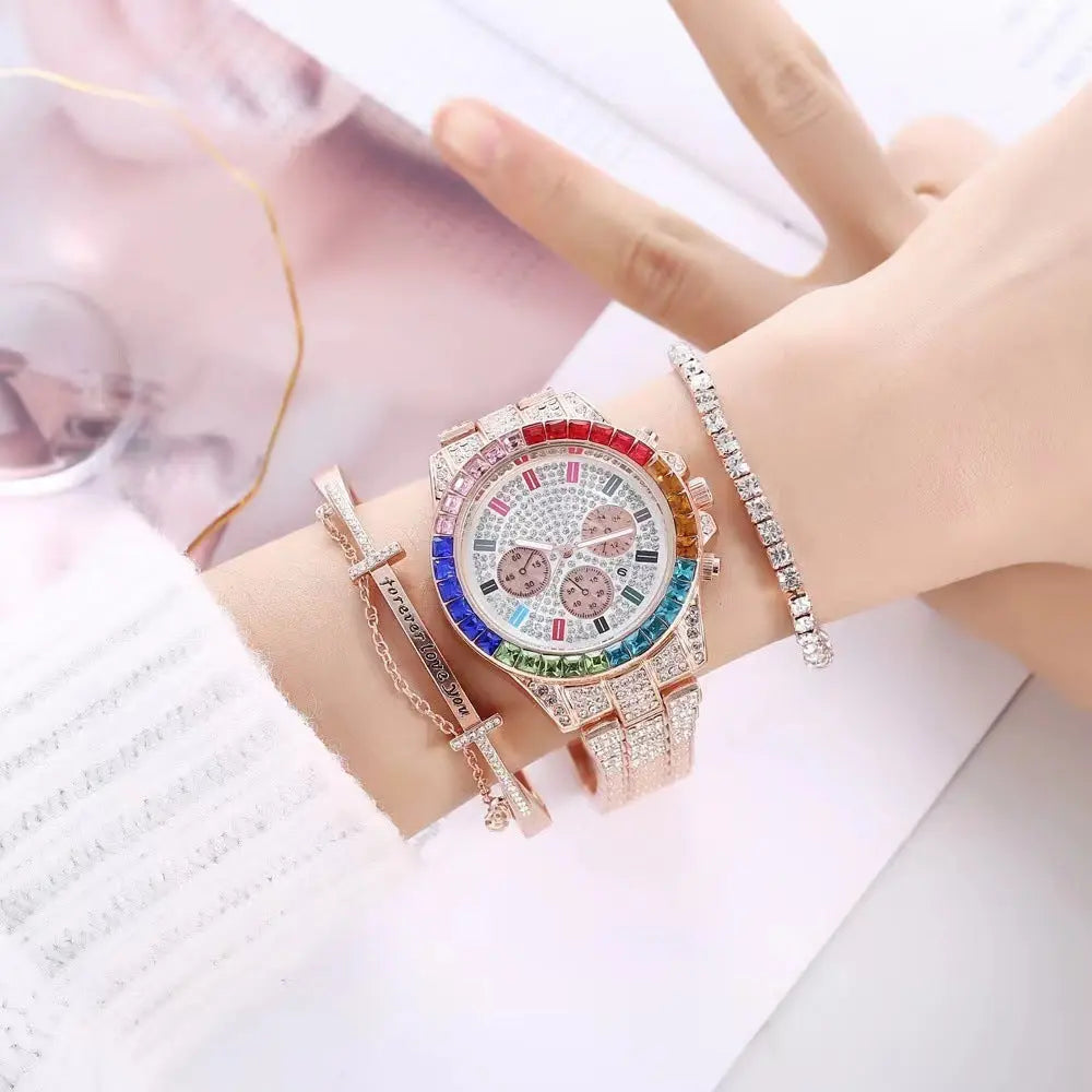 Fake Three-Eye Diamond Colorful Crystals Steel Belt Bracelet Bracelet Three-piece Set null