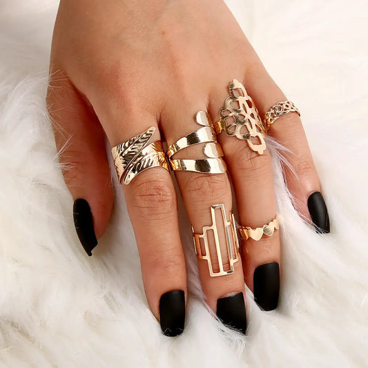 Leaf Crown Geometric Articulation Rings 6 Piece Combination Rings null