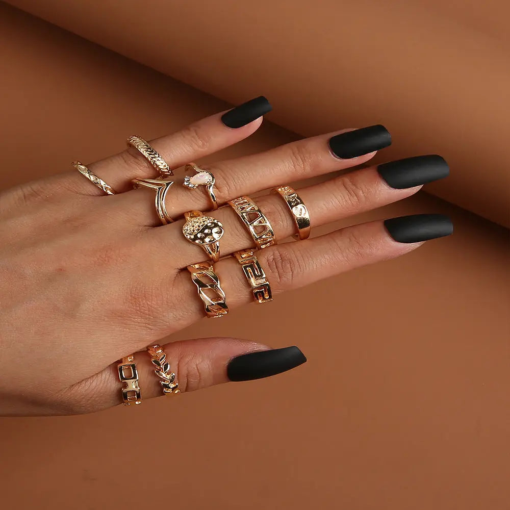 Leaf Crown Geometric Articulation Rings 6 Piece Combination Rings null