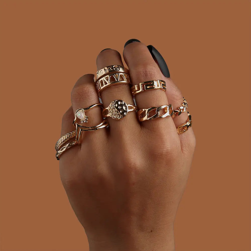 Leaf Crown Geometric Articulation Rings 6 Piece Combination Rings null