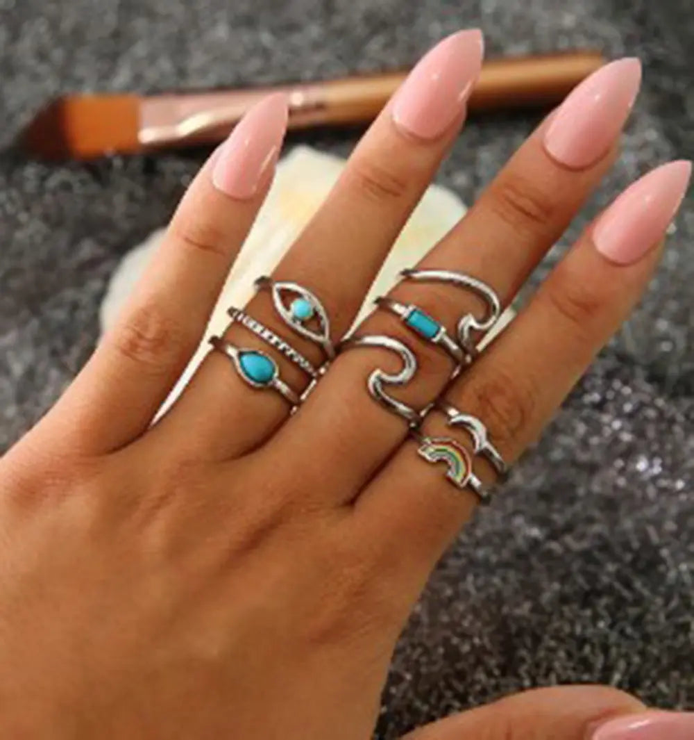 Leaf Crown Geometric Articulation Rings 6 Piece Combination Rings null