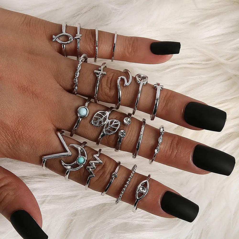 Leaf Crown Geometric Articulation Rings 6 Piece Combination Rings null