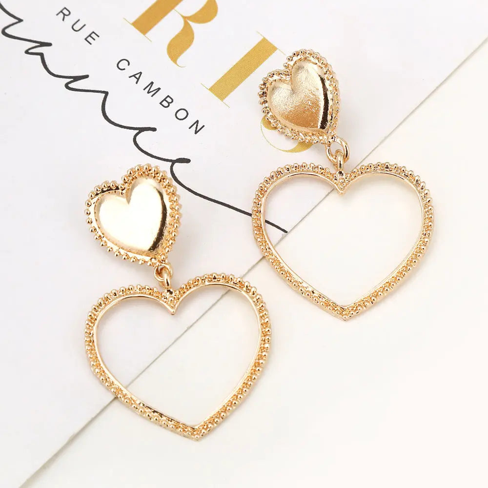 Metal-Sized Heart-Shaped Earrings With Exaggerated Studs Hollow Out Heart Shape null