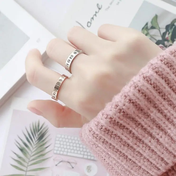 Roman Numerals With Diamond Couple Rings 18K Rose Gold Titanium Steel Rings Lucky Number Rings null