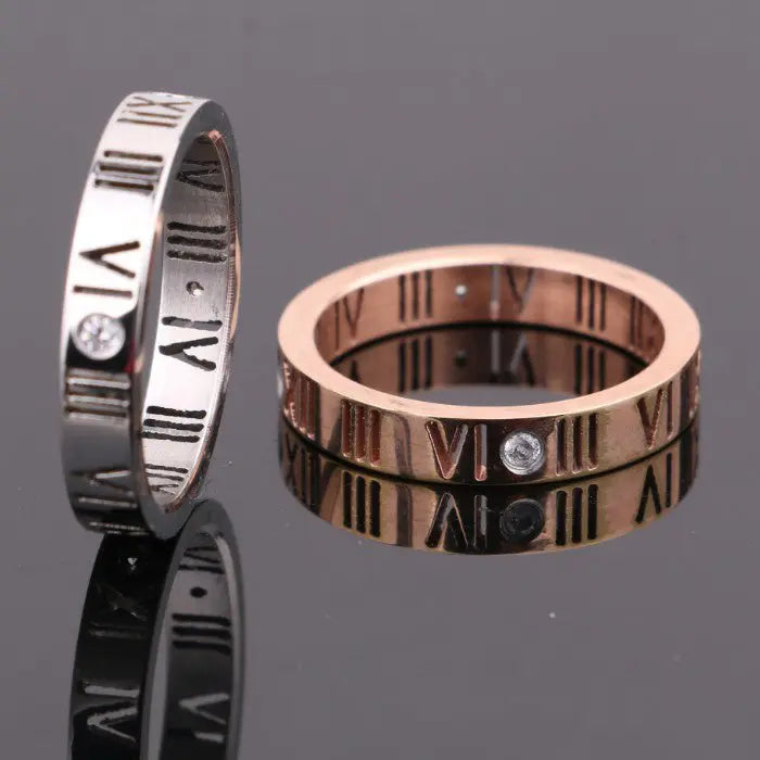 Roman Numerals With Diamond Couple Rings 18K Rose Gold Titanium Steel Rings Lucky Number Rings null