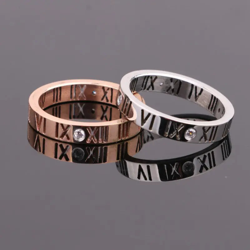 Roman Numerals With Diamond Couple Rings 18K Rose Gold Titanium Steel Rings Lucky Number Rings null