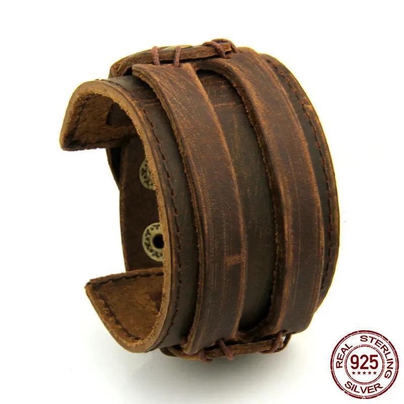 Two Rows Of First Layer Cowhide Bracelets Wide Leather Bracelets null